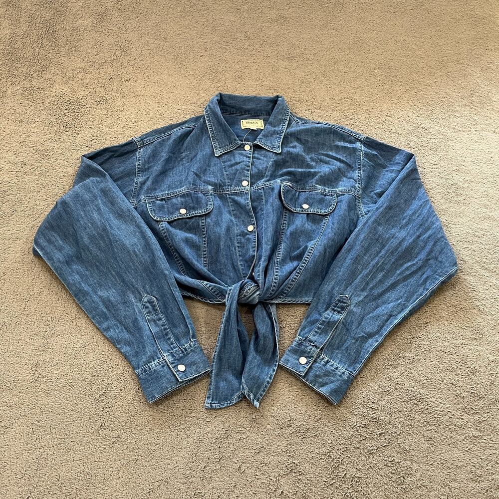 Vintage 90 Guess Georges Blue Denim Tie Front Western Crop Shirt Women's Size XL